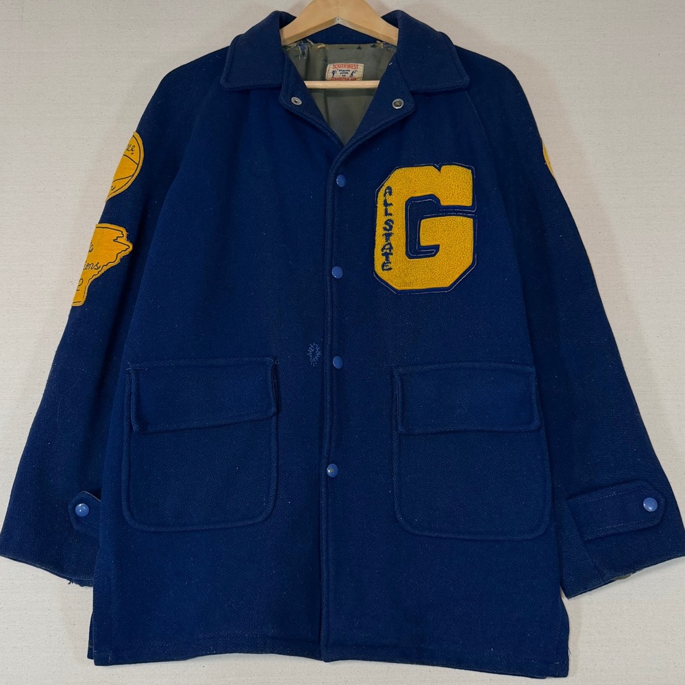 Vintage 70s Southwest Sporting Goods Letterman Jacket Navy Wool Size Medium